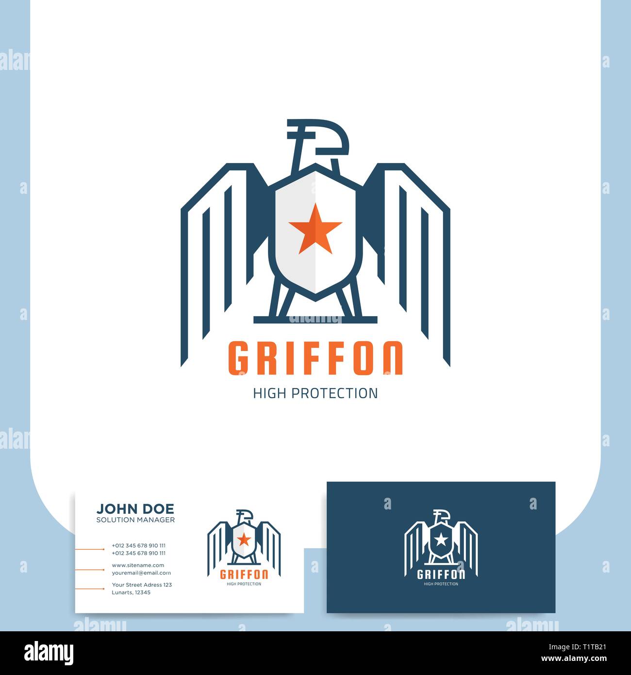 Gryffin oder Eagle mittelalterlichen Logo Design mit Schild bav Sicherheit Unternehmen mit Business Card Stock Vektor