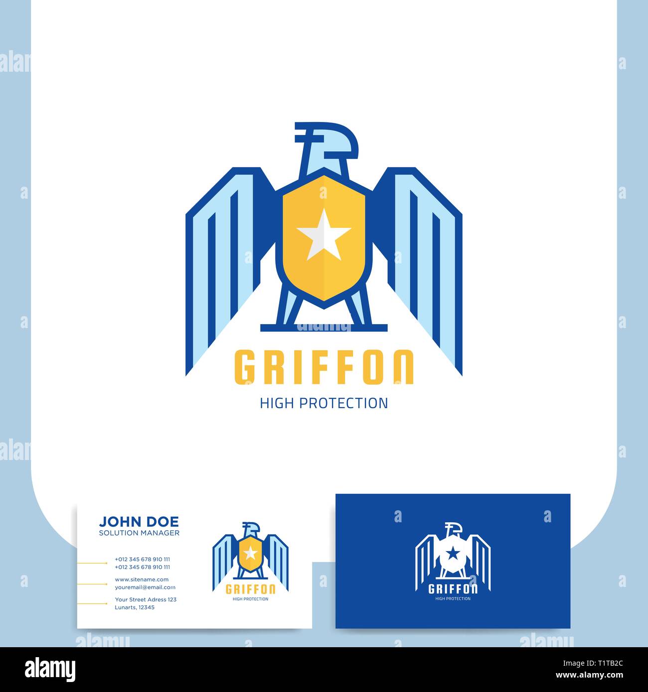 Gryffin oder Eagle mittelalterlichen Logo Design mit Schild bav Sicherheit Unternehmen mit Business Card Stock Vektor