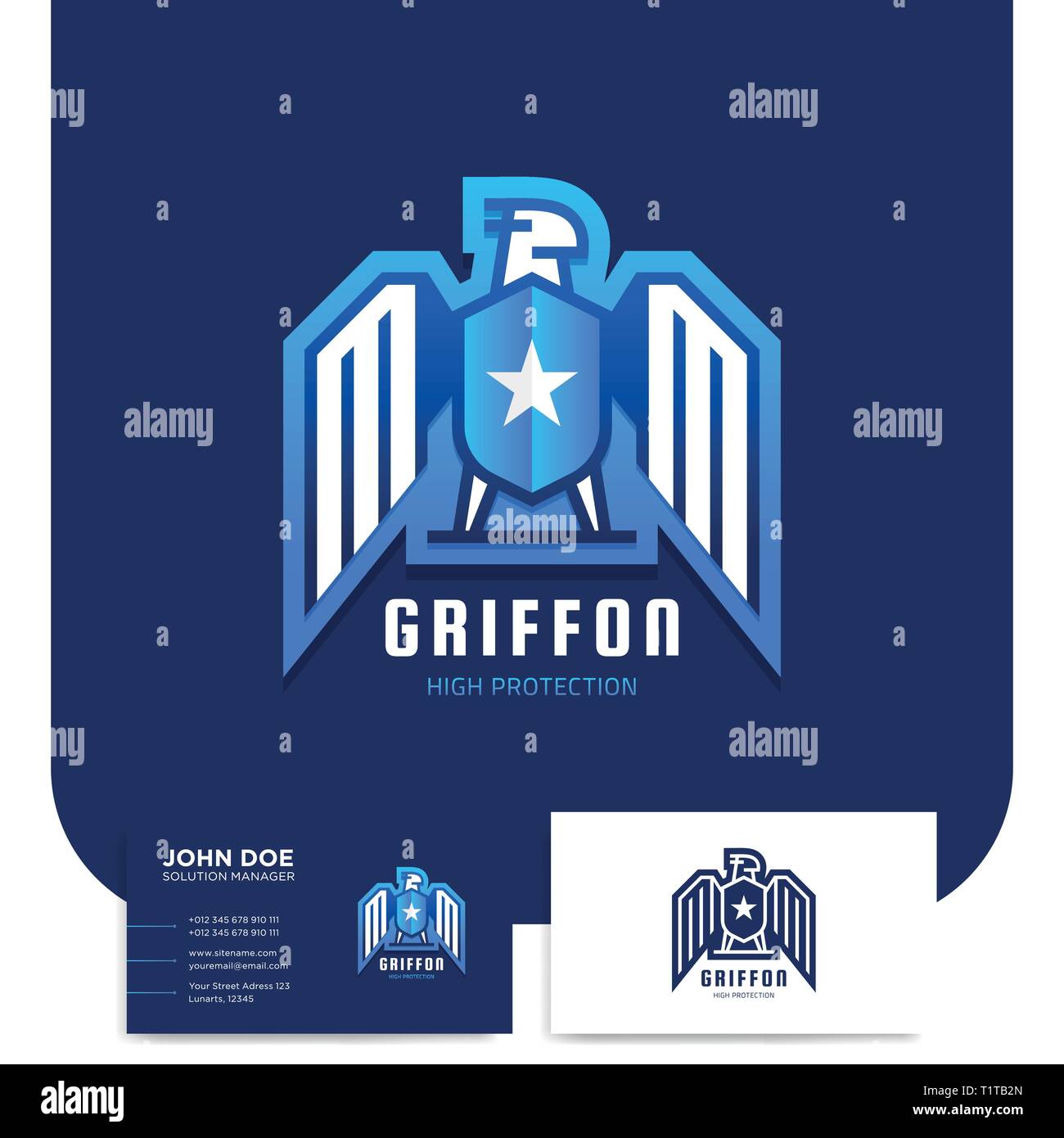 Sport Style Gryffin oder Eagle mittelalterlichen Logo Design mit Schild bav Sicherheit Unternehmen mit Business Card Stock Vektor