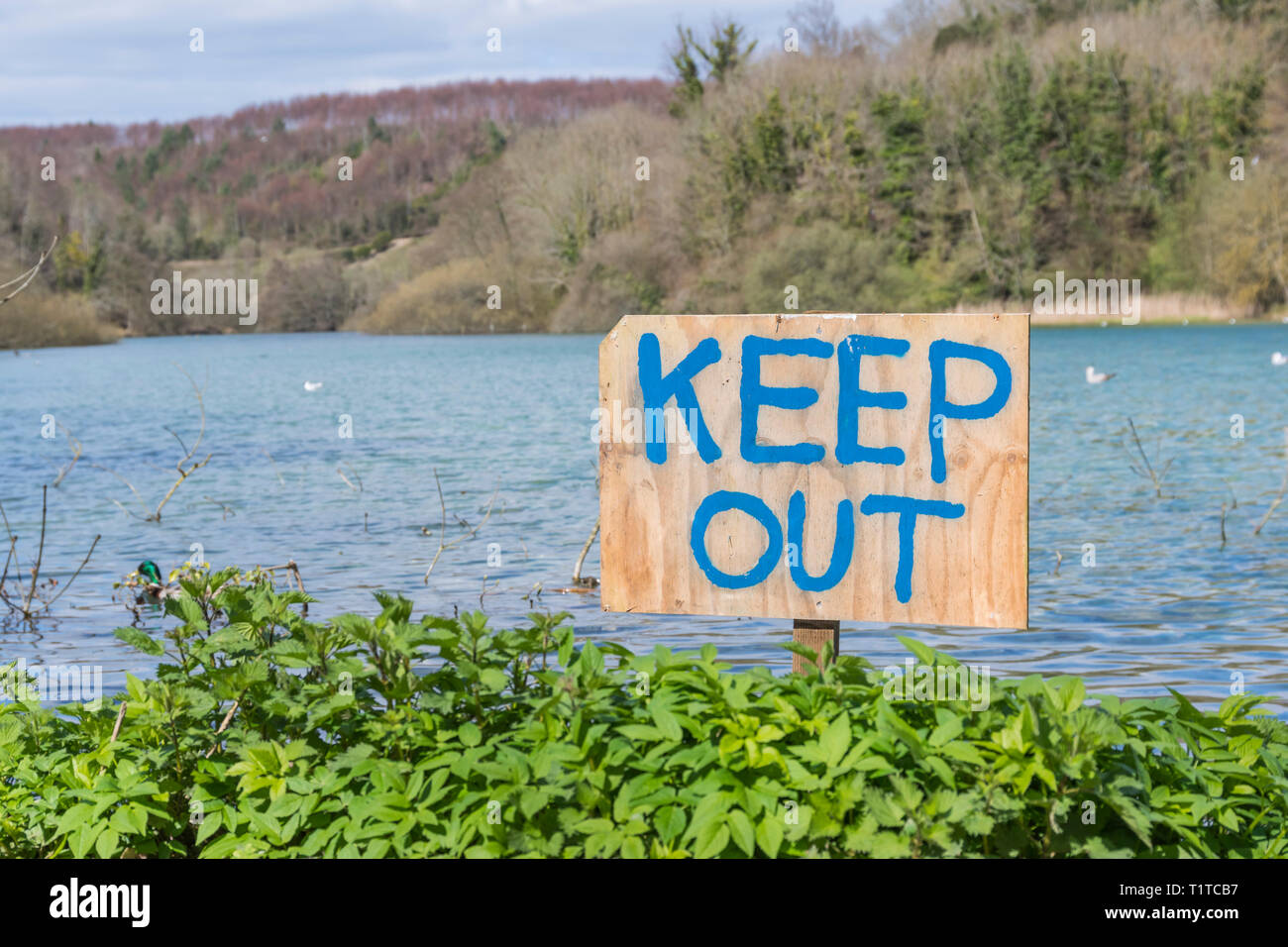 Halten Sie sich abmelden Hand geschrieben auf ein hölzernes Schild in den Boden durch einen See stecken. Stockfoto