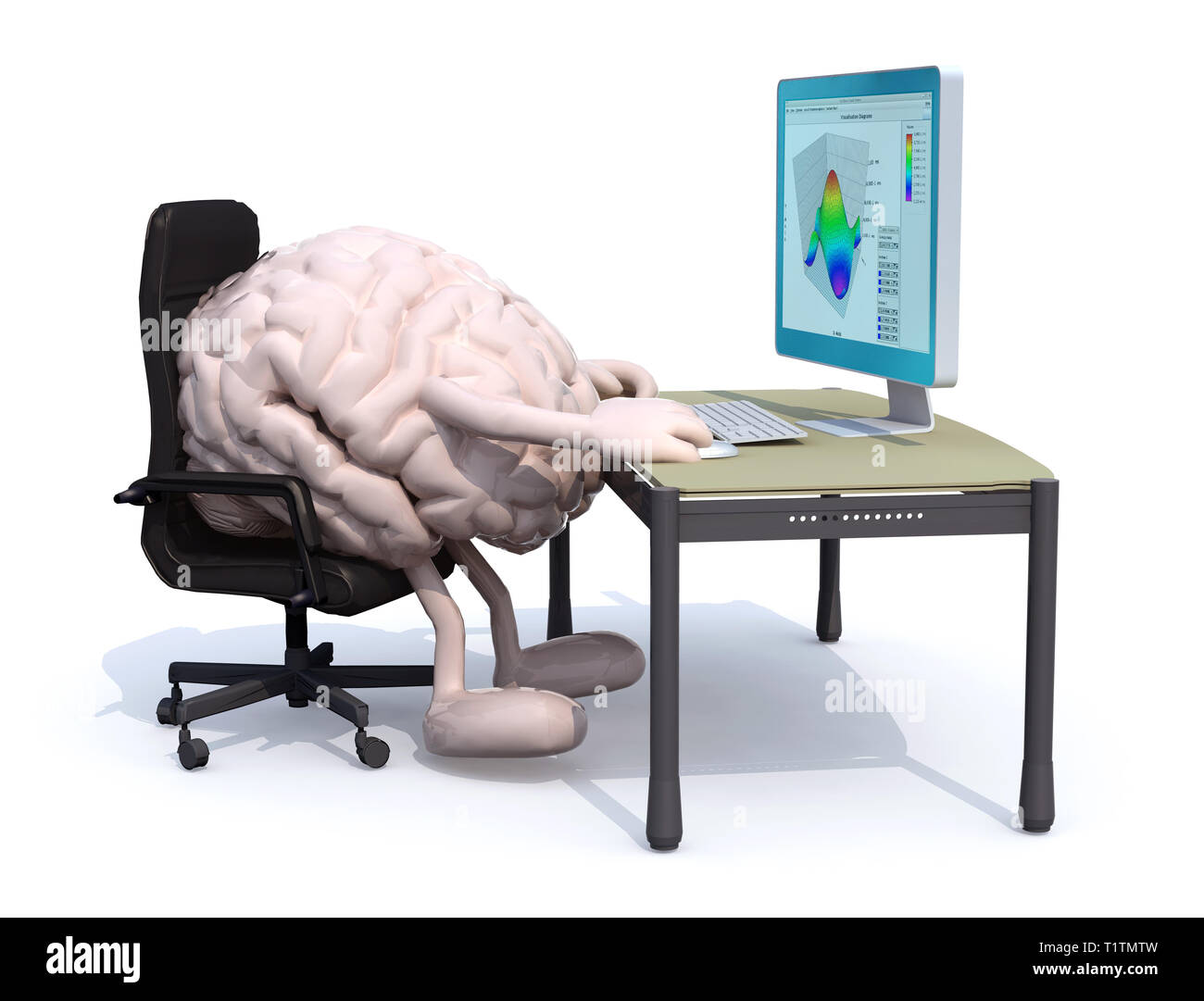 Gehirn mit Armen und Beinen sitzen Arbeiten am Schreibtisch mit Computer, 3D-Darstellung Stockfoto