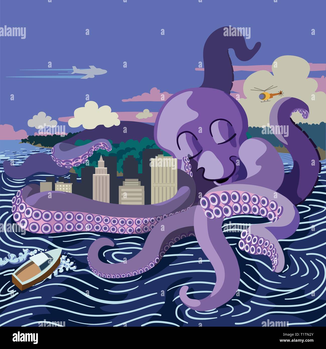 Ein riesiger Krake umarmen eine Stadt schafft turbulenten Gewässern als Verkehrsflugzeugen fliegt ein Helikopter an schaut und ein Boot Hautausschläge gegen die Wellen. Stock Vektor