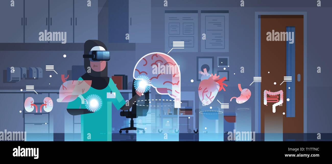 Weibliche arabische Arzt tragen digital Gläser berühren virtuelle Realität Gehirn menschliche Organe Infografik Anatomie medizinische VR-Headset vision Konzept Krankenhaus Stock Vektor