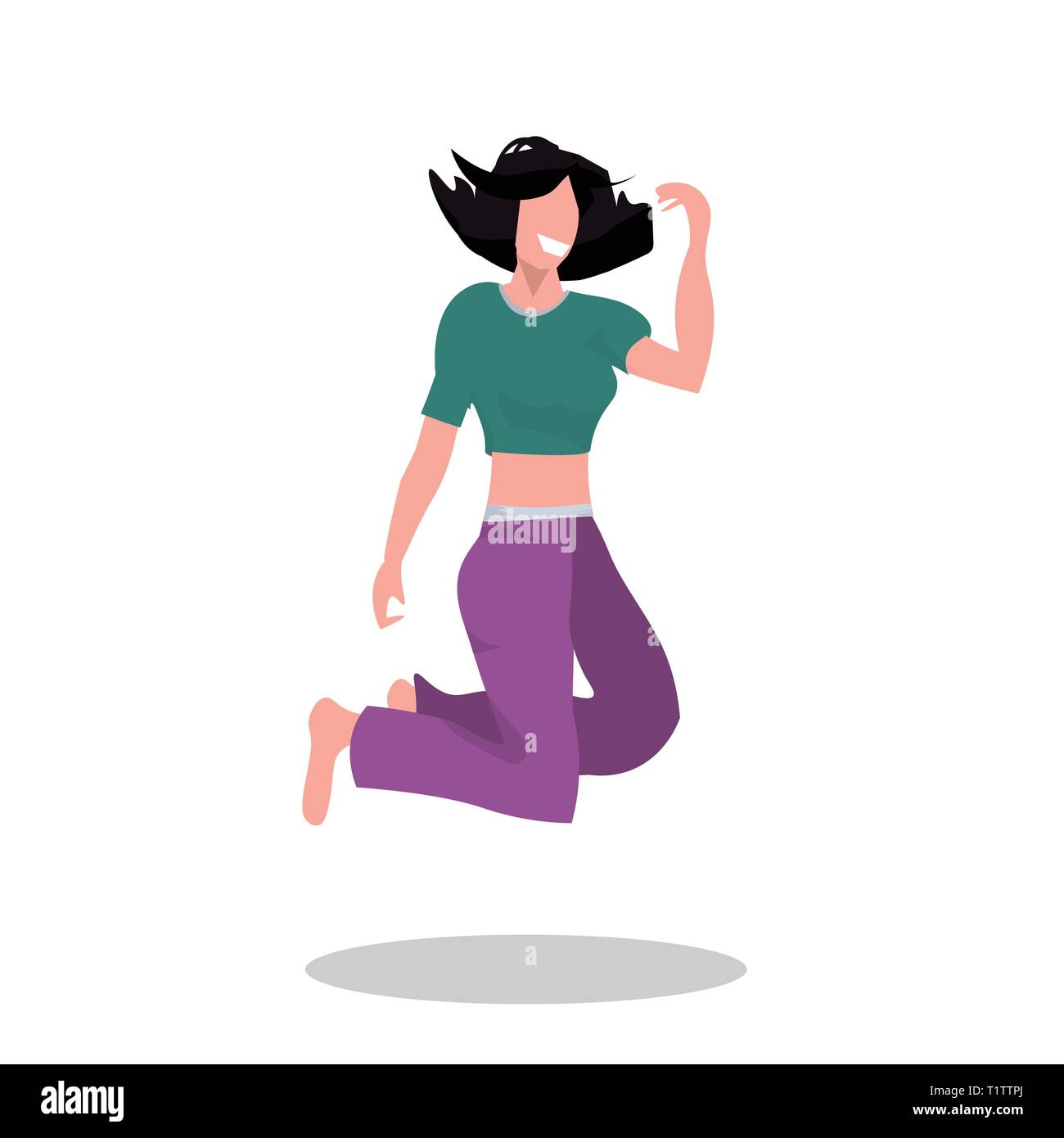 Happy girl im Studio gerne Frau posiert Mid-air shot Konzept weibliche Comicfigur in voller Länge flache weiße Hintergrund springen Stock Vektor