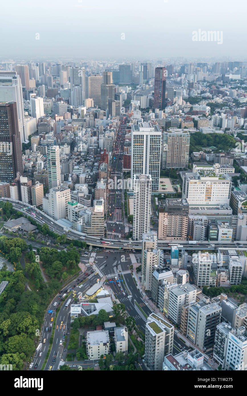 Vertikale Luftaufnahme von Tokyo Traffic und Skyline Stockfoto