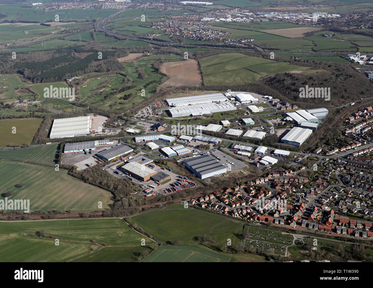 Luftaufnahme von Fallen Bank Industrial Estate & Dodworth Business Park in der Nähe von Barnsley, South Yorkshire Stockfoto