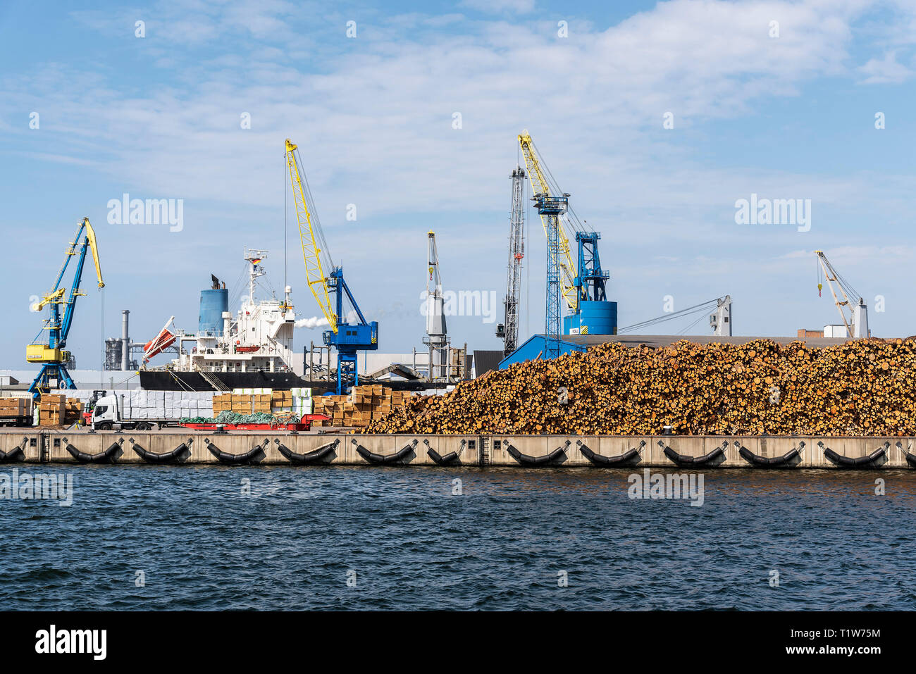Protokolle, Frachtschiff, Kräne, Überseehafen, Wismar, Mecklenburg-Vorpommern, Deutschland Stockfoto