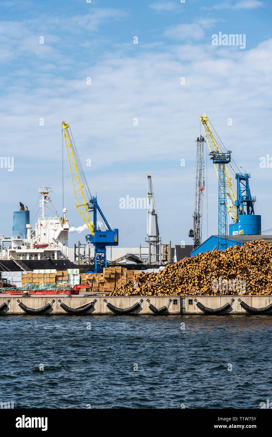 Protokolle, Frachtschiff, Kräne, Überseehafen, Wismar, Mecklenburg-Vorpommern, Deutschland Stockfoto