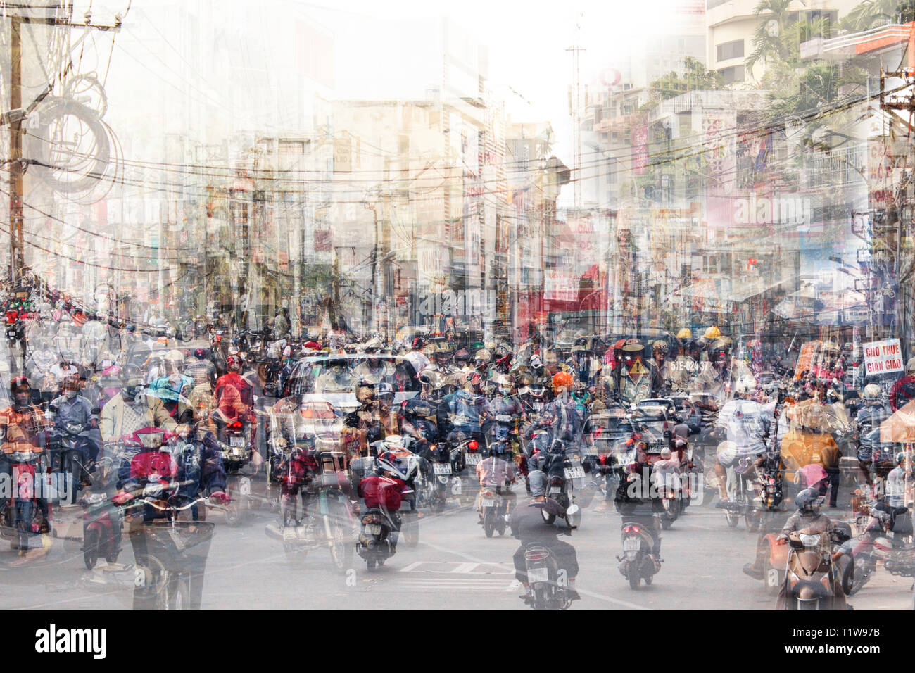 Zusammenfassung Das Leben in der Stadt und Verkehr Konzept - überfüllten Straßen Double Exposure Stockfoto