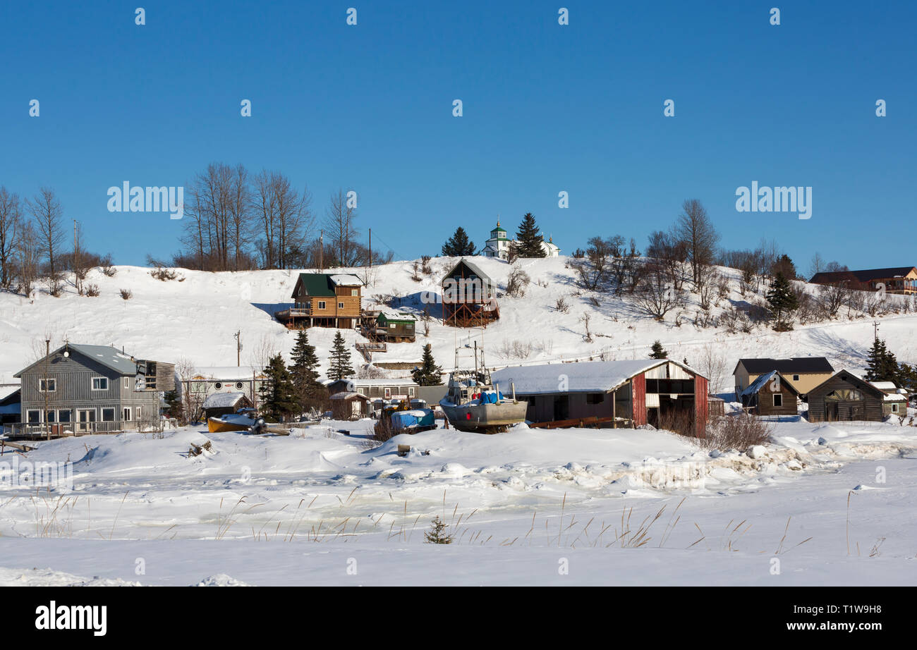 Ninilchik. Das historische Dorf an der Küste des Cook Inlet, Alaska. Stockfoto