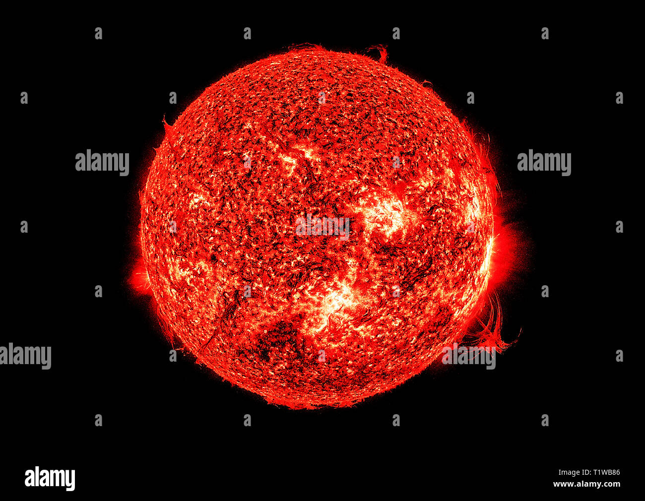 Darstellung der Sterne unseres Sonnensystems. Die Sonne isoliert auf schwarzem Hintergrund Stockfoto