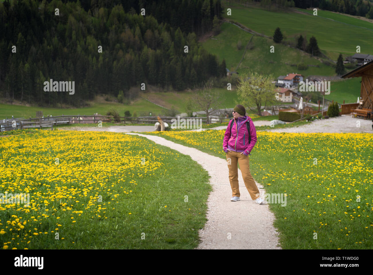 Aktiv gesund Frau zu Fuß durch die schöne Wiese mit Blumen bedeckt. Porträt der glückliche junge womanhiking in Bergen clearing während der Ferien Stockfoto