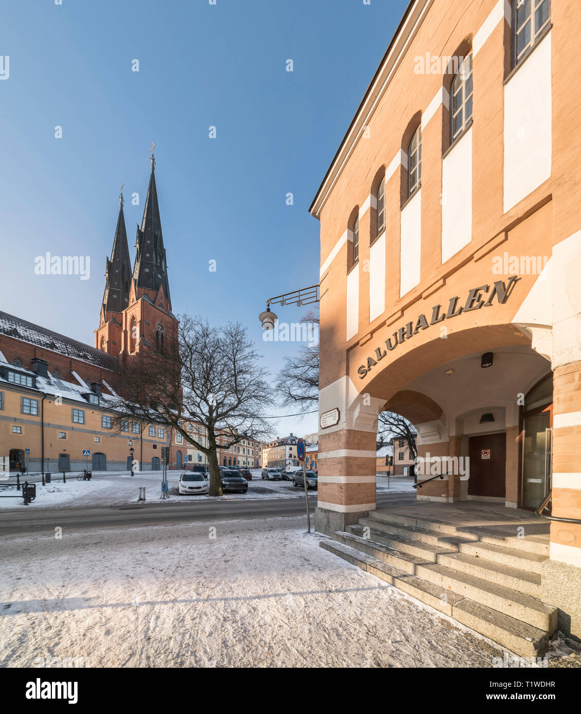 Die Halle (Saluhallen) am Sankt Eriks torg Platz und die Kathedrale (Domkyrkan). Uppsala, Schweden, Skandinavien Stockfoto