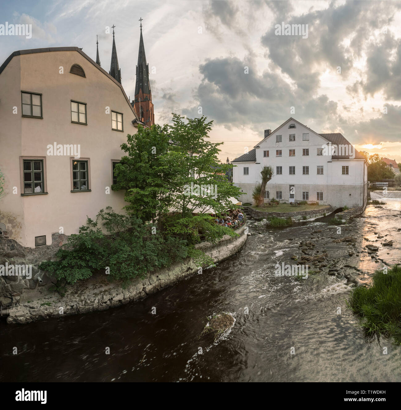 Alte Mühle am Kvarnfallet im fyris Fluss mit der Kathedrale (Domkyrkan) im Hintergrund bei Sonnenuntergang. Uppsala, Schweden, Skandinavien Stockfoto