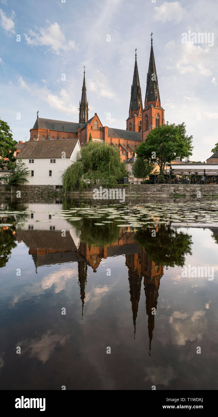 Der Dom von Uppsala (Domkyrkan) und des Flusses Fyris an Kvarnfallet. Uppsala, Schweden, Skandinavien Stockfoto