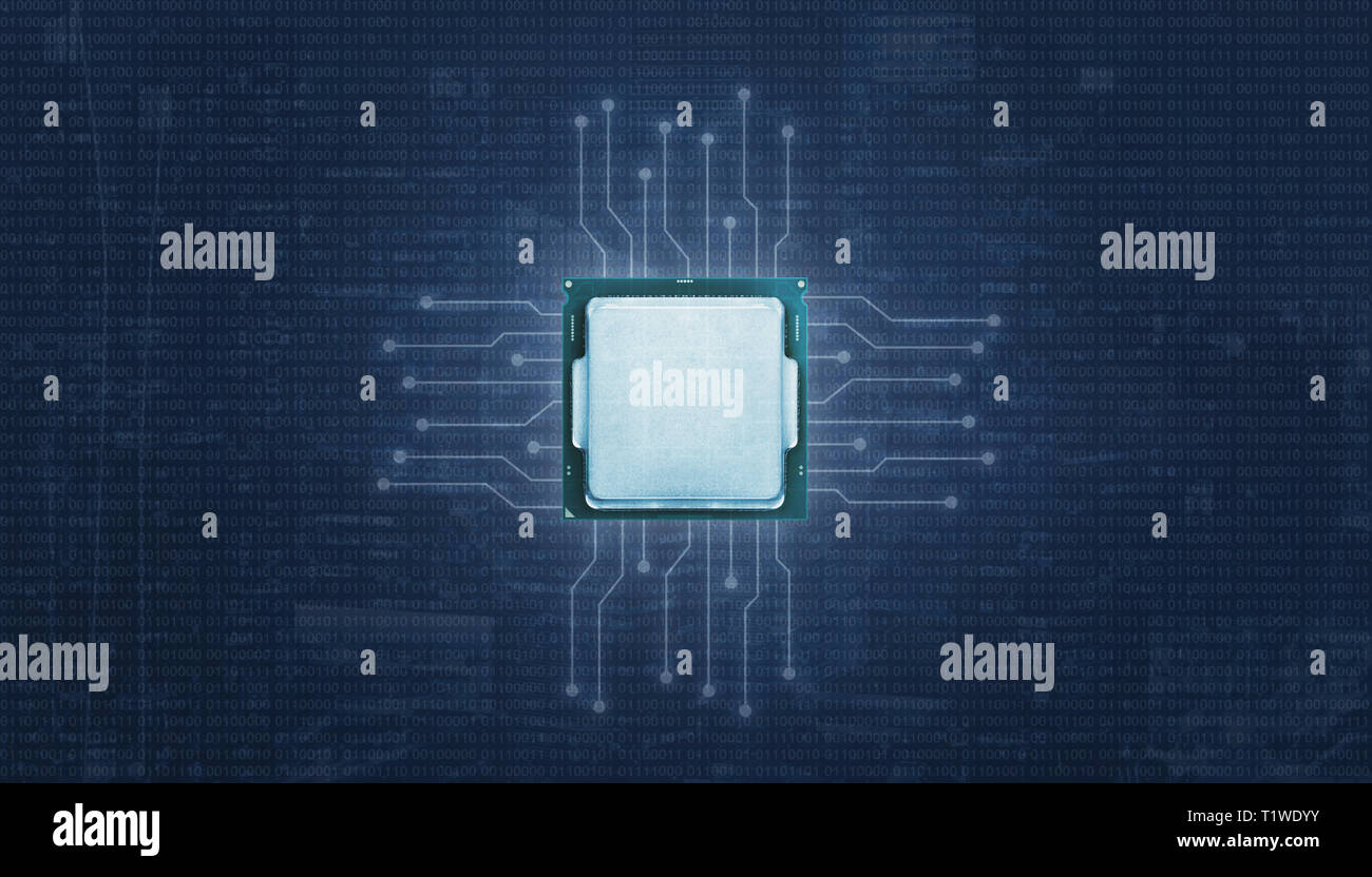 Prozessor mit ligting mikroelektronischen Schaltungen. Der binäre Code in abstrakten Hintergrund. Stockfoto