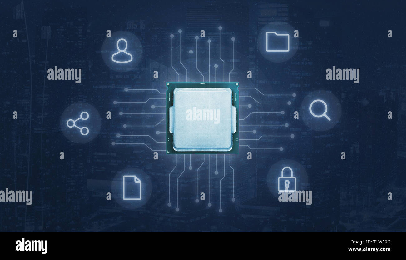 Computing Konzept mit CPU, Prozessor Beleuchtungsstromkreise und Internet online Services Symbole. Stockfoto