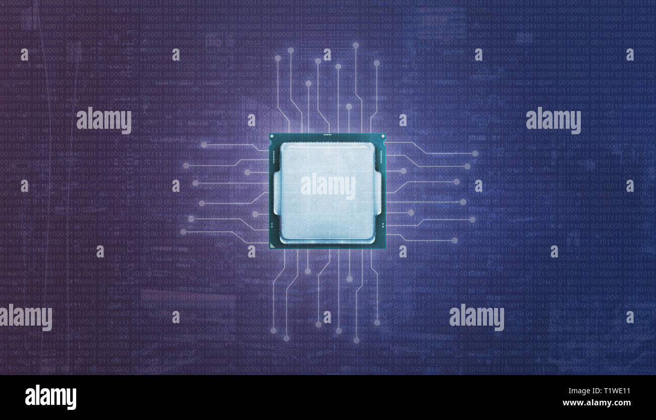 Graphic Processor Unit GPU und mikroelektronischen Schaltungen. Der binäre Code auf lila blau unterlegt ist. Stockfoto