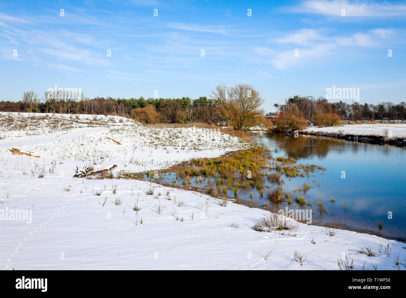 01.02.2019, Datteln, Nordrhein-Westfalen, Deutschland - sonnige Winterlandschaft, die Lippe im Winter mit Eis und Schnee, Renaturiert Lippe wiesen. 00 X 1902 Stockfoto