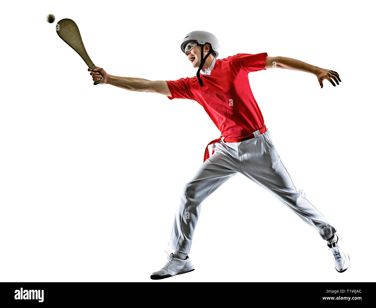 Eine kaukasische Jai Alai baskische Pelota Cesta Punta player Mann auf weißem Hintergrund silhouette isoliert Stockfoto