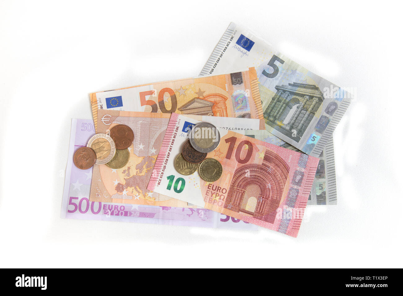 Euro Geld layed Out, Banknoten und Münzen Stockfoto