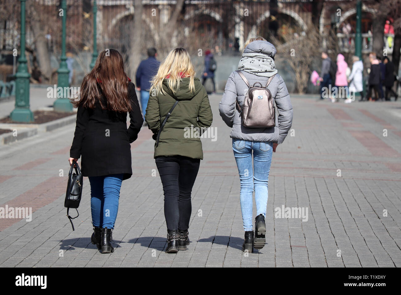 Drei Mädchen in Jacken und Jeans zu Fuß auf einer Straße der Stadt im frühen Frühling, Ansicht von hinten. Konzept der weiblichen Mode, Freundschaft, legere Kleidung Stockfoto