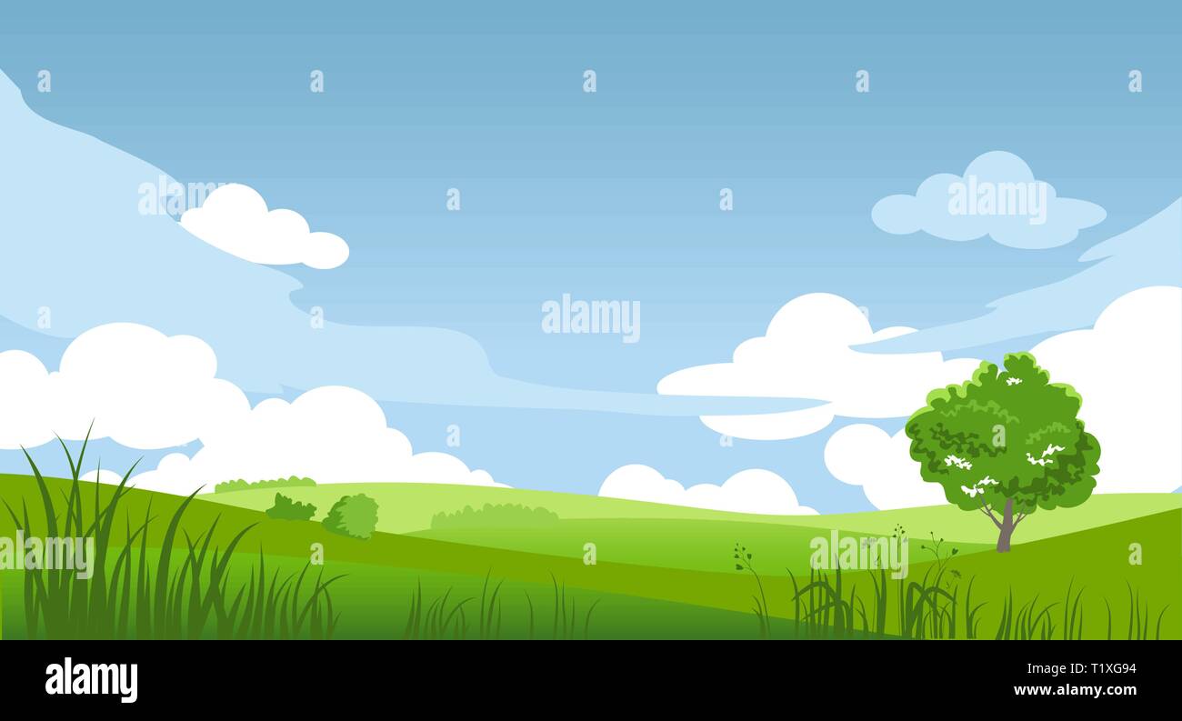 Sommer oder Frühling banner Vorlage für Design Banner, Ticket, Flyer, Karten, Poster und so weiter. Grünes Gras und baum landschaft. Stock Vektor