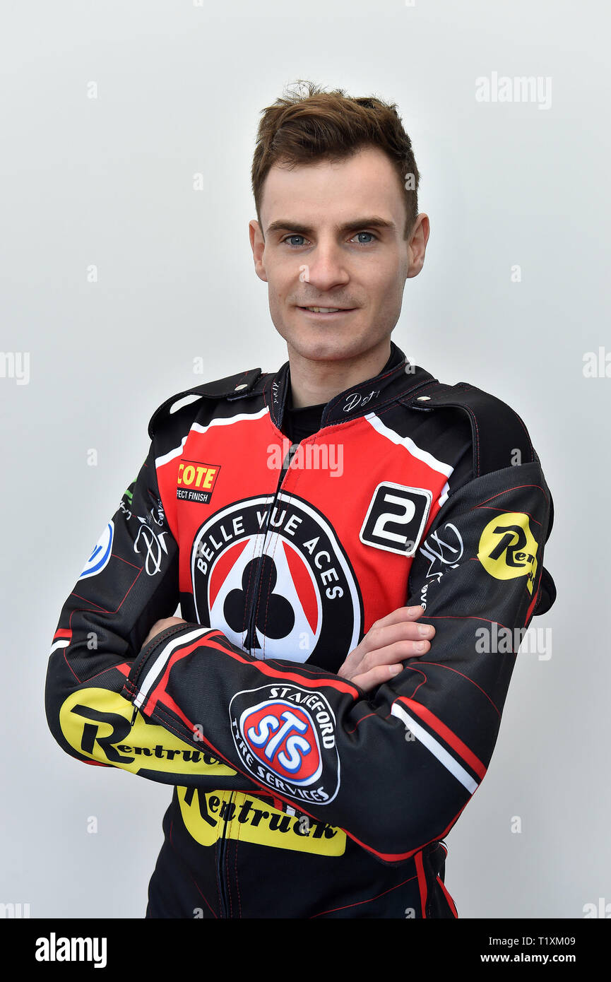 Steve Worrall während der Belle Vue Aces Medien Aufruf an der Nationalen Speedway Stadion, Manchester am Montag, 25. März 2019. (Credit: Eddie Garvey | MI Nachrichten) Stockfoto