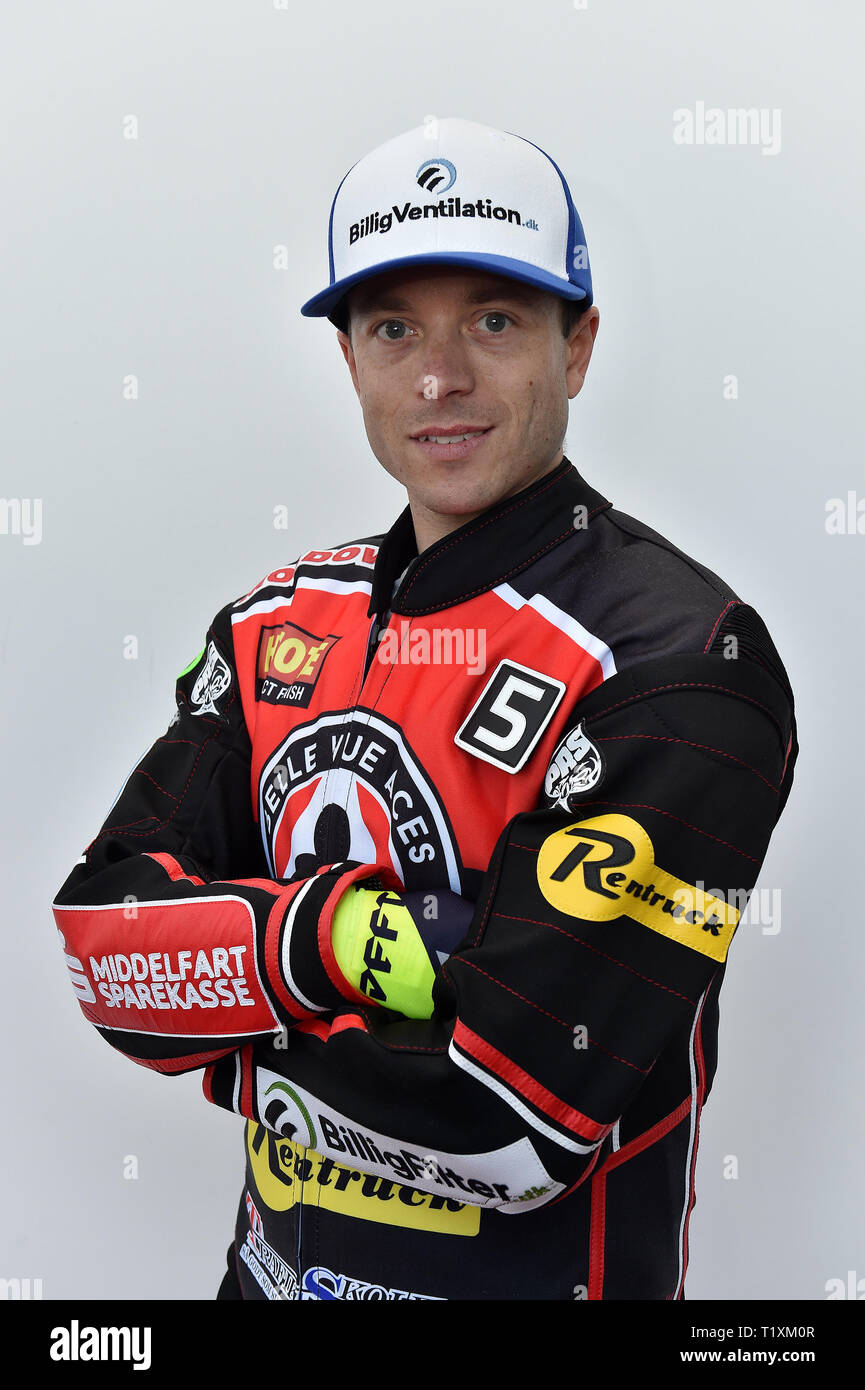 Kenneth Bjerre während der Belle Vue Aces Medien Aufruf an der Nationalen Speedway Stadion, Manchester am Montag, 25. März 2019. (Credit: Eddie Garvey | MI Nachrichten) Stockfoto