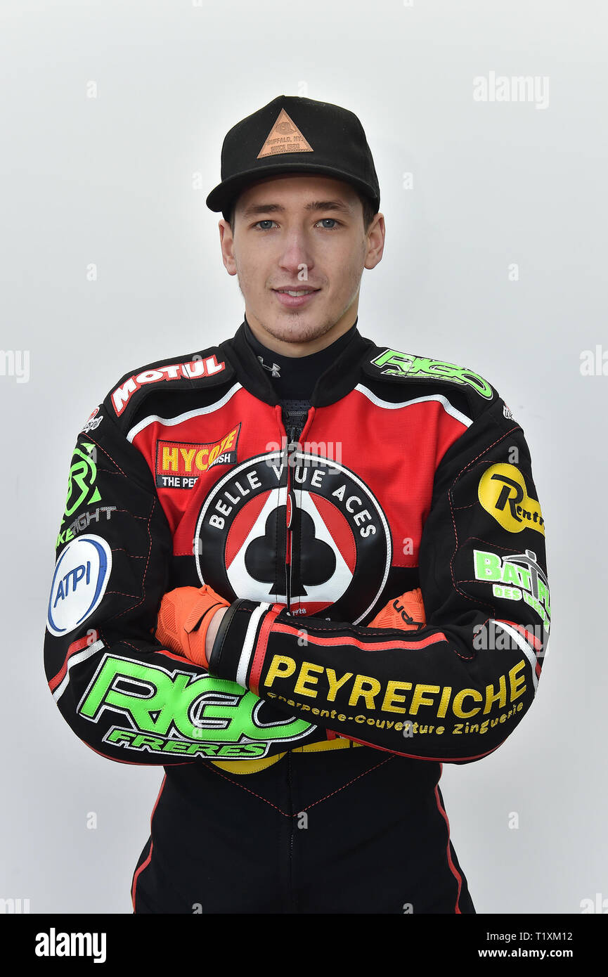 Demetri Berge während der Belle Vue Aces Medien Aufruf an der Nationalen Speedway Stadion, Manchester am Montag, 25. März 2019. (Credit: Eddie Garvey | MI Nachrichten) Stockfoto