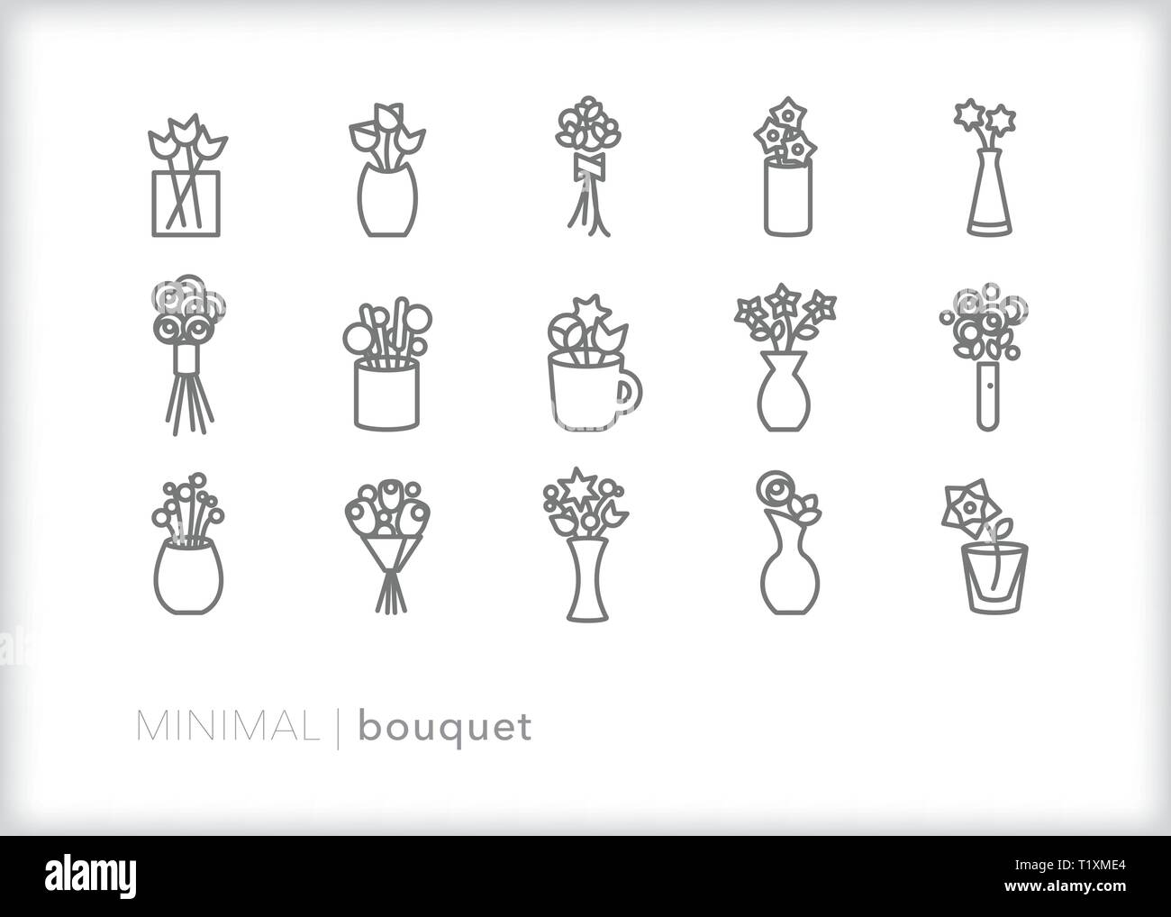 Satz von 15 flower bouquet Zeile für Symbole der Triebe, Knospen und Blüten in verschiedenen Vasen, Tassen und Packungen Stock Vektor