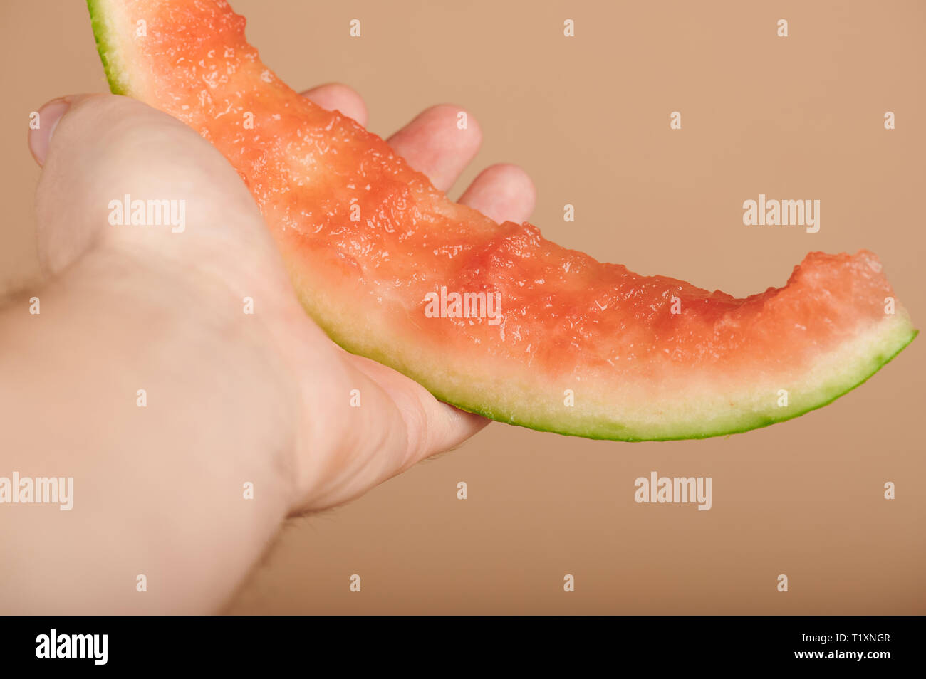 Ein Stück saftige Wassermelone in der Hand palm Nahaufnahme gegessen Stockfoto