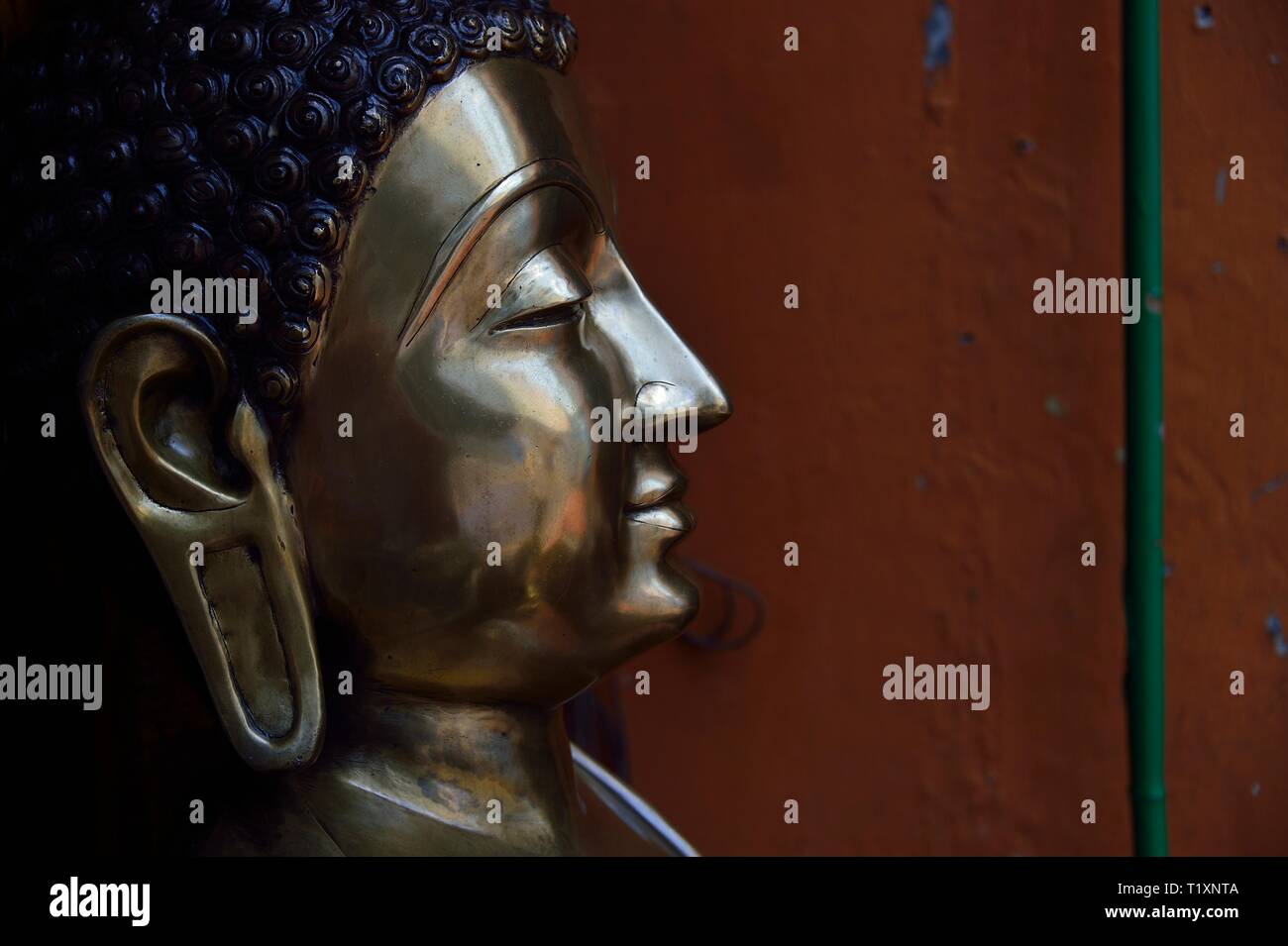 Nahaufnahme von Messing Statue von Buddha zeigt Gesicht im Profil mit ruhigem Ausdruck und Reiche metallische Farben und Texturen Stockfoto