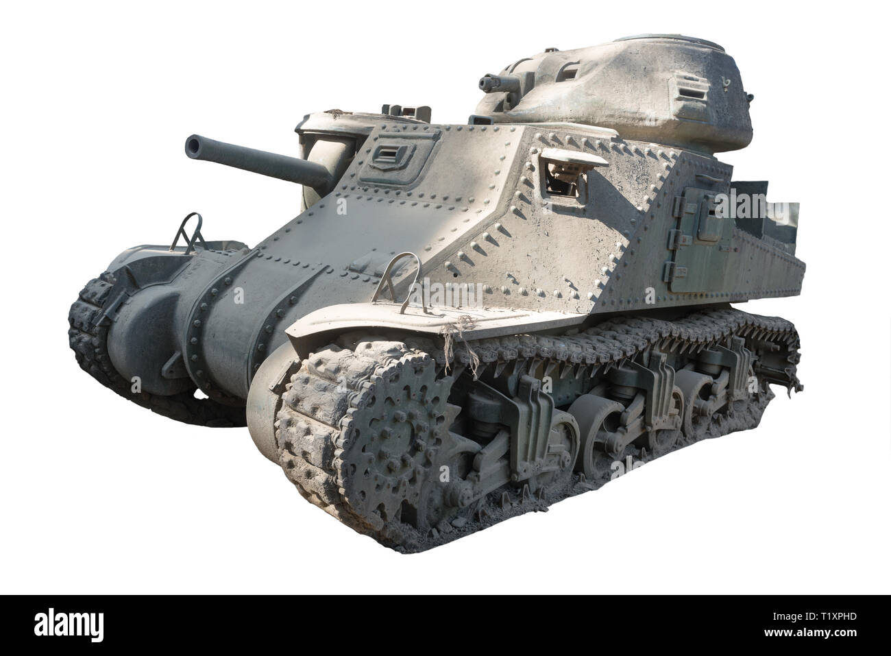 Eine beschädigte Battle Tank isoliert auf weißem Stockfoto