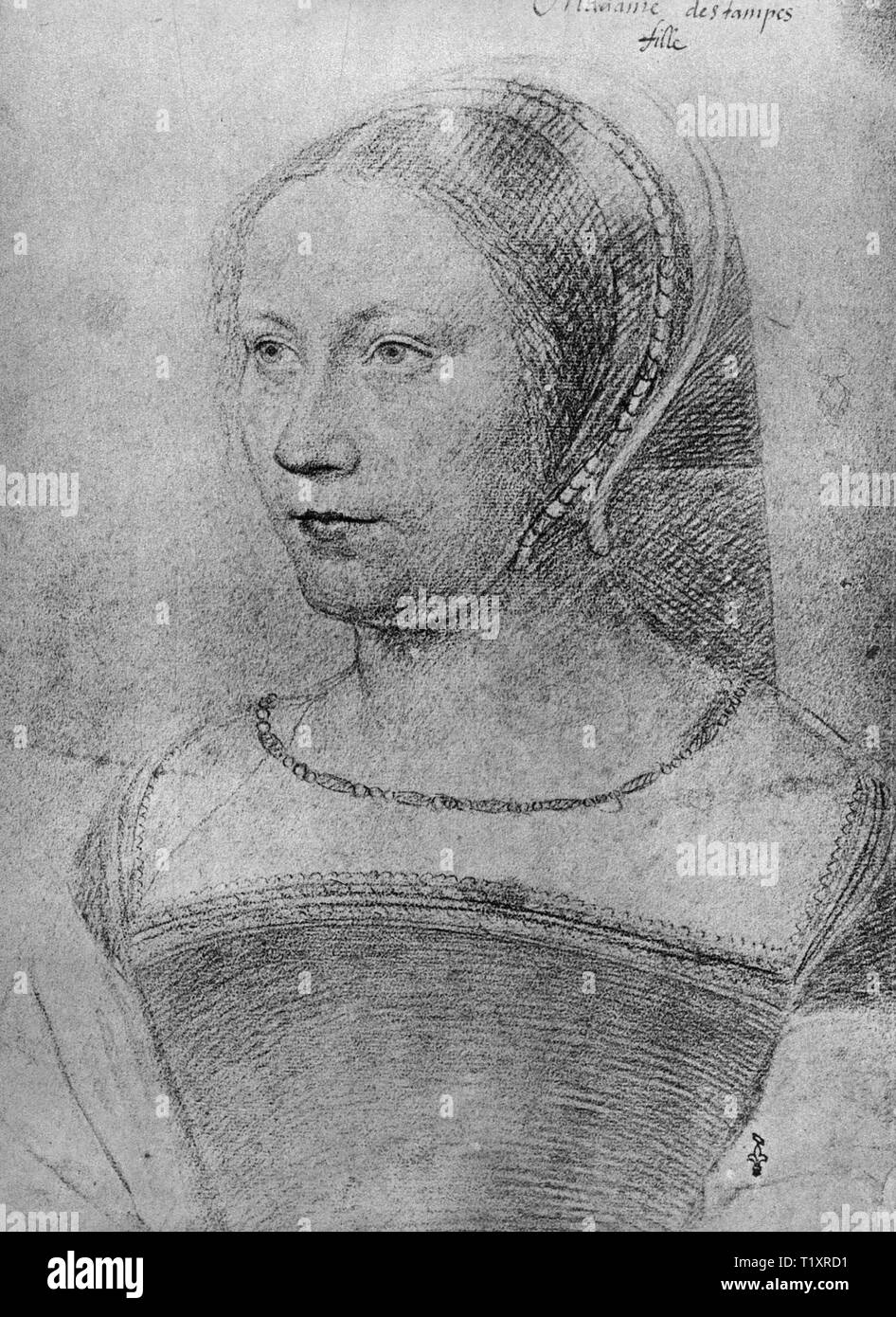 Bildende Kunst, Jean Clouet (1480-1541), Zeichnung, Diane de Poitiers in jüngeren Jahren, 'Madame destampes, fille", Anfang des 16. Jahrhunderts, Additional-Rights - Clearance-Info - Not-Available Stockfoto