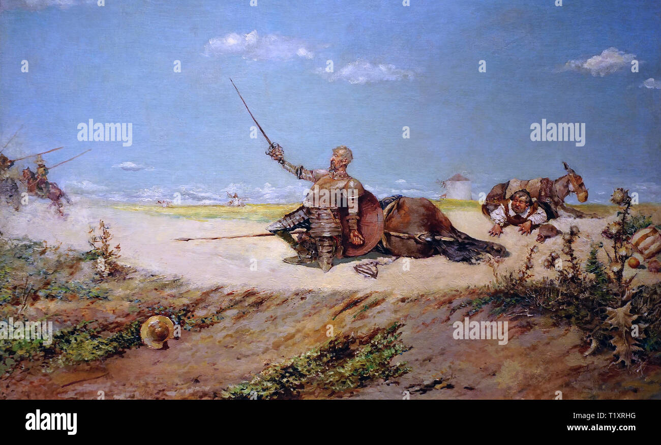 Escena Del Quijote. La Aventura de los Yanguenses. Szene aus Don Quijote/Abenteuer mit den Männern von yangus. 1888. von José Nido Navas 1860-1912 Stockfoto