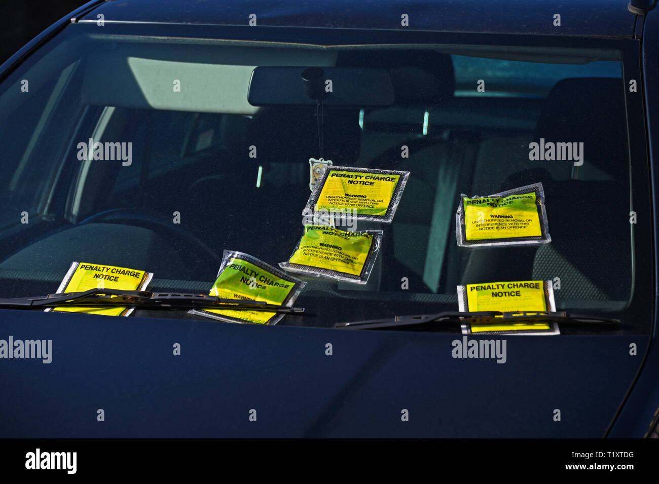 Frontscheibe von illegal geparkten Auto auf Doppel-gelben Linien mit sechs Gebühr Hinweise. Parkside Road, Kendal, Cumbria, England, Vereinigtes Königreich, Eu Stockfoto