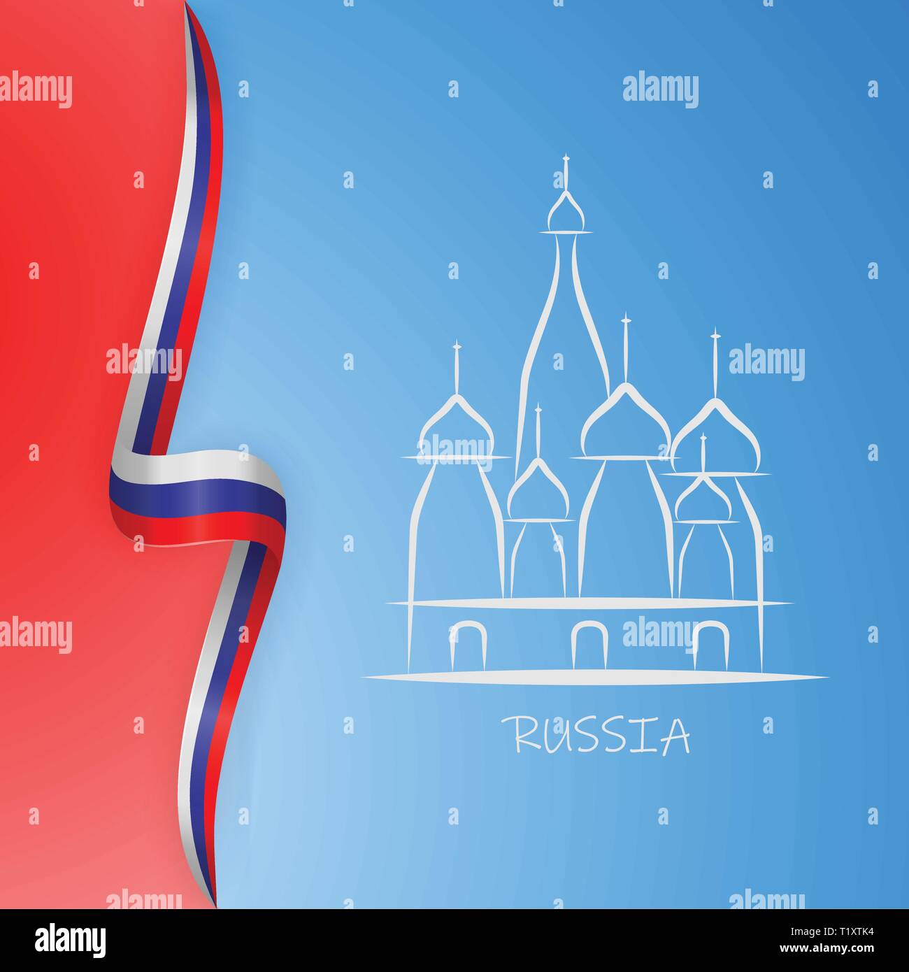 Abbildung Inschrift Russland Moskauer Kreml und St. Basils Kathedrale im Hintergrund mit der Flagge von Russland. Vector Illustration Stock Vektor