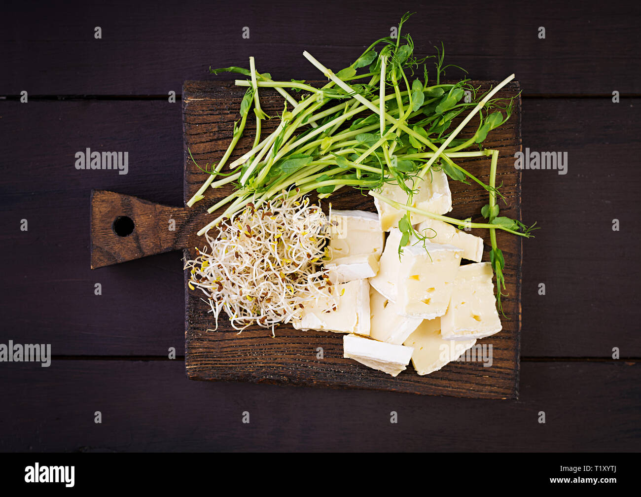 Weiche brie Käse und microgreens auf einem Holzbrett Stockfoto