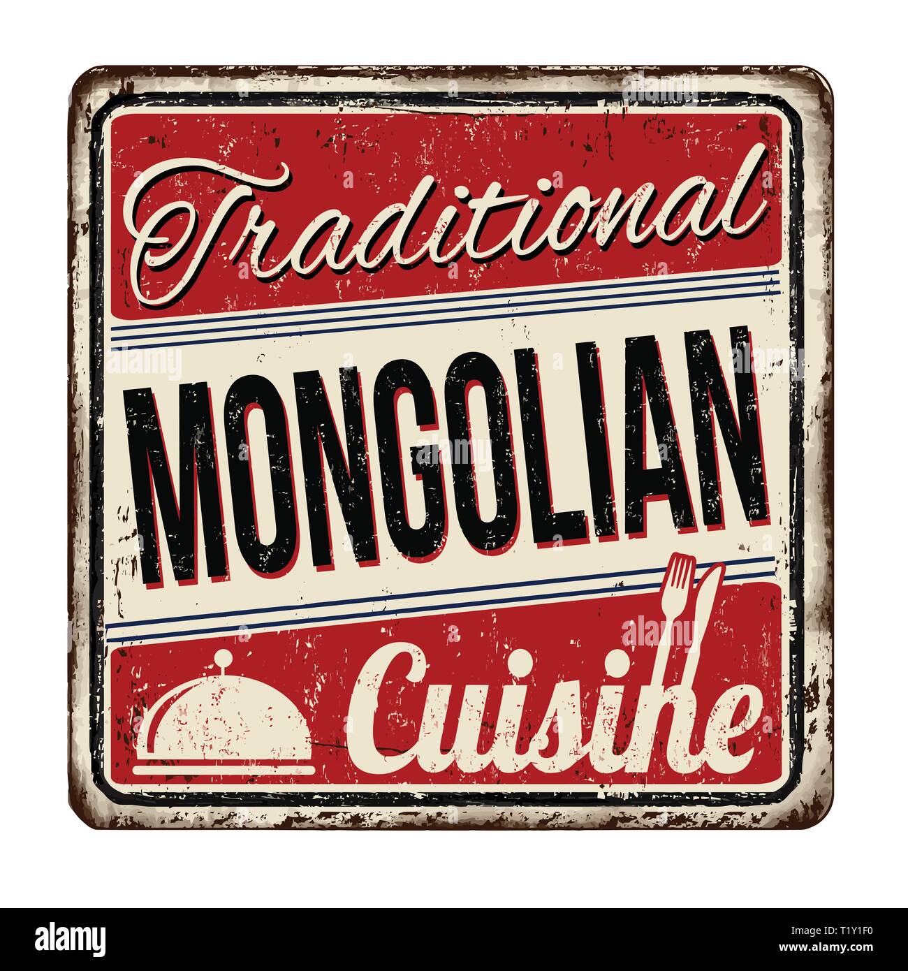 Traditionelle mongolische Küche vintage rostiges Metall Zeichen auf weißem Hintergrund, Vector Illustration Stock Vektor