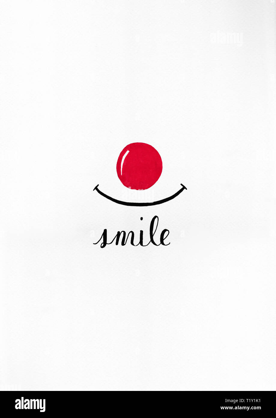 Eine rote Nase und eine handgeschriebene Wort in Englisch Bedeutung: Lächeln gute Laune machen. Stockfoto