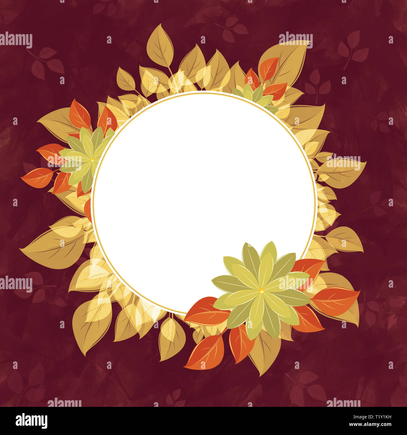 Runde Blume Rahmen für den Text, Gelb und Kirsche. Eine Form, gegen einen dunklen Hintergrund, mit Blättern und Blüten am Rand. Design für ein Cover, album Stockfoto