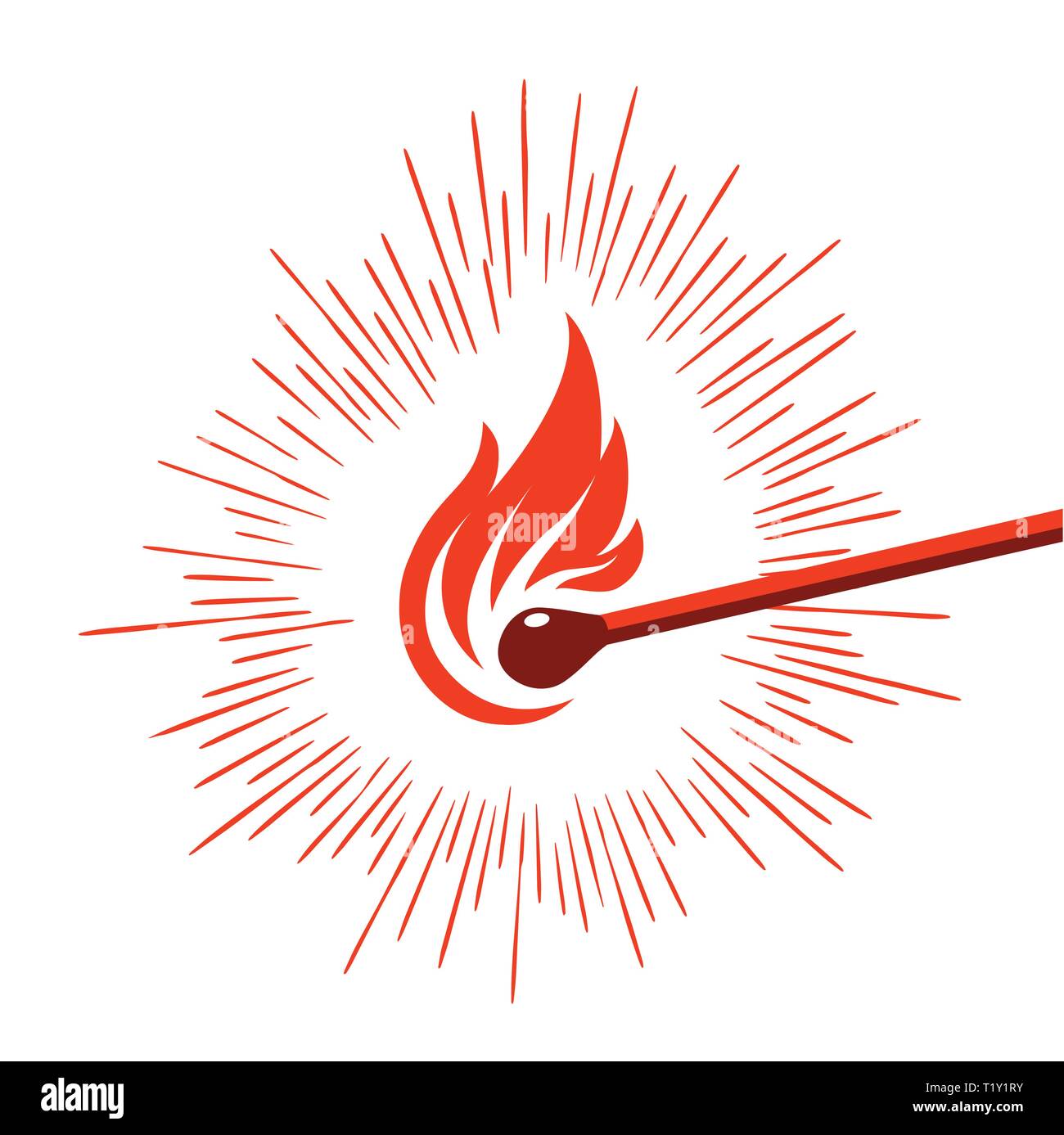 Struck Holz stick match Beleuchtete rote Flamme auf weißem Hintergrund mit Grafik leuchtend rote Linien entzündet Stock Vektor