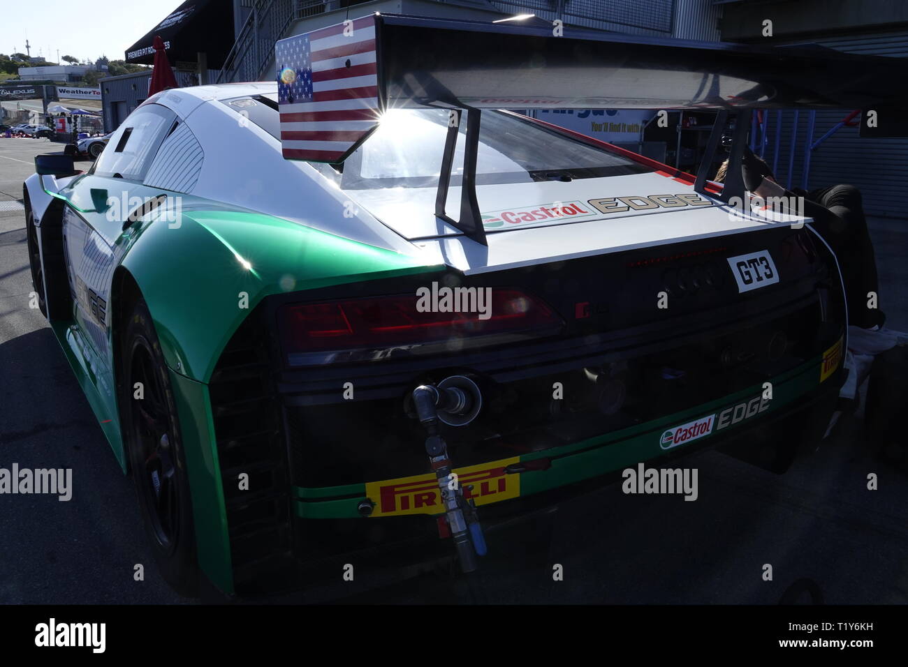 Laguna Seca Raceway, Monterey, CA, USA. 28. März, 2019. Szenen aus der Praxis Sitzungen für das 8 Stunden Rennen im Intercontinental GT Challenge Serie geplant für Samstag, 30 März, 2019 Hier, die 'Stars and Stripes' auf dem Display auf der Audi R8 LMS GT3 Evo von Trocknet Vanthoor Credit: Motofoto/Alamy leben Nachrichten Stockfoto