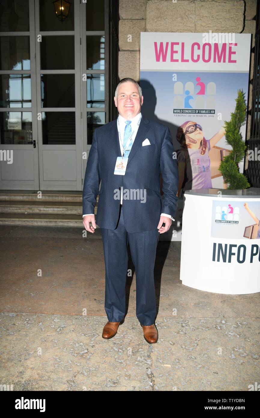 Brian Brown, Präsident der internationalen Familie Organisation am ersten Tag der Welt Familie Kongress in Verona (Marco Passaro/Fotogramma, Verona - 2019-03-29) p.s. La foto e 'utilizzabile nel rispetto del contesto in Cui e' Stata scattata, e senza intento diffamatorio del decoro delle Persone rappresentate Stockfoto