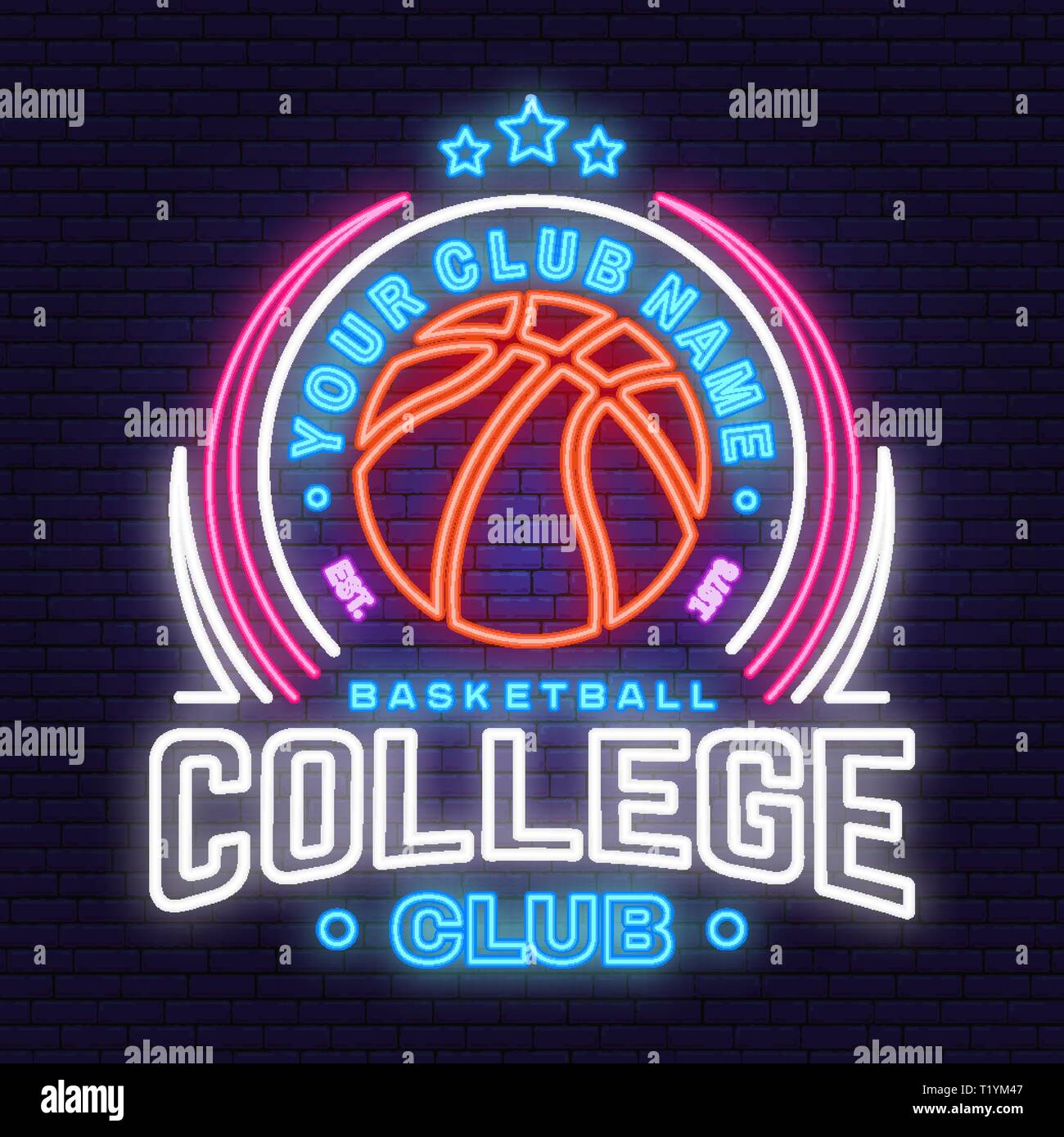 Basketball College Club neon Design oder Emblem. Vector Illustration. Konzept für T-Shirt, Druck, Stempel oder T-Stück. Vintage Typografie Design mit Basketball Ball Silhouette. Nacht neon Schild Stock Vektor