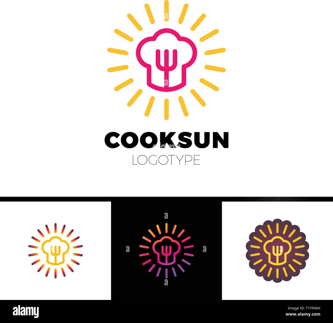 Küche, Café, Restaurant-Vector Logo template Konzeption Illustration. Koch hat, Gabel und Sonne. Sonnigen Essen anmelden. Designelemente. Stock Vektor