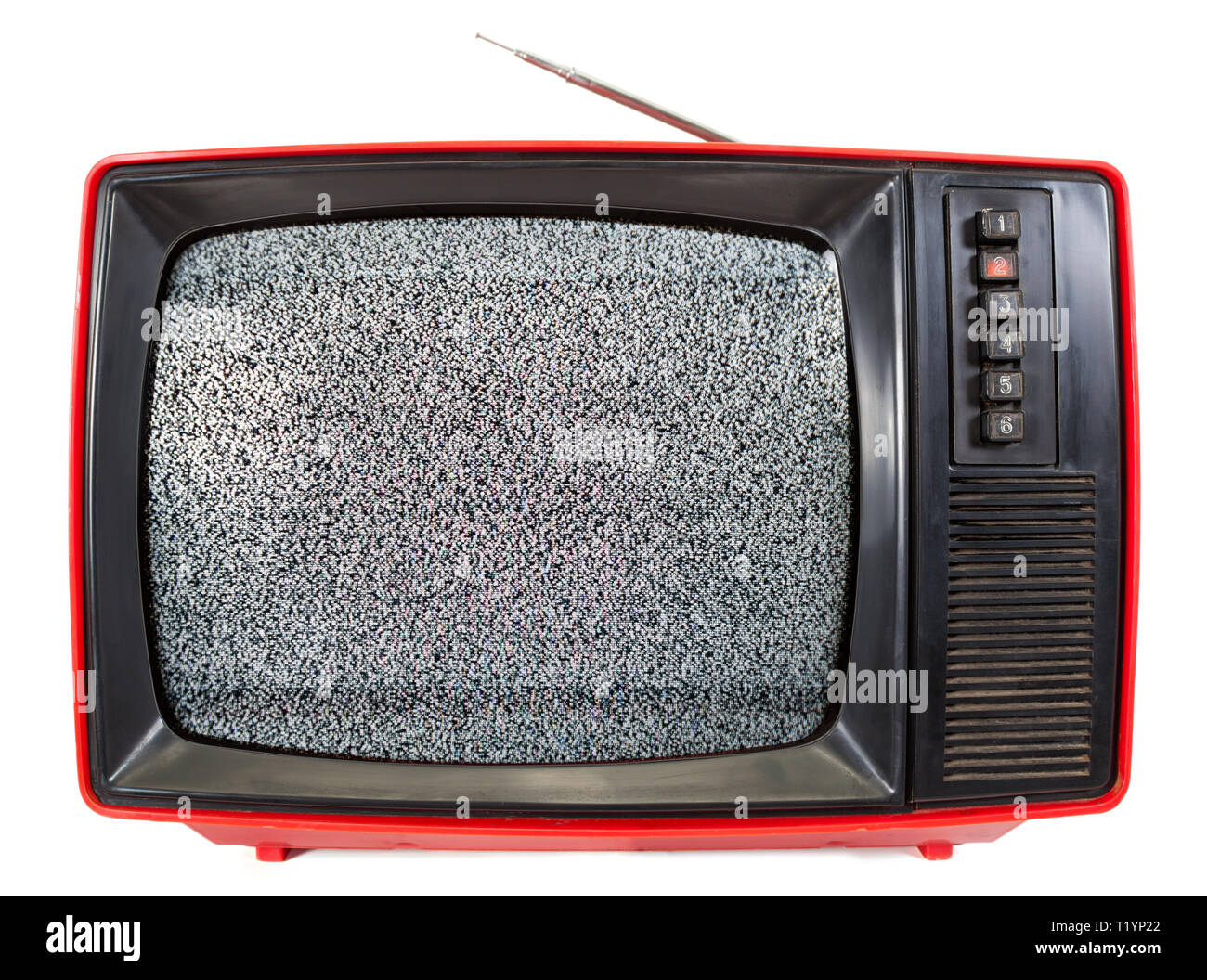 Red vintage portable CRT-Fernseher in der UDSSR mit Fernsehen statisches Rauschen auf dem Bildschirm auf weißem Hintergrund. Retro Technologie Konzept Stockfoto