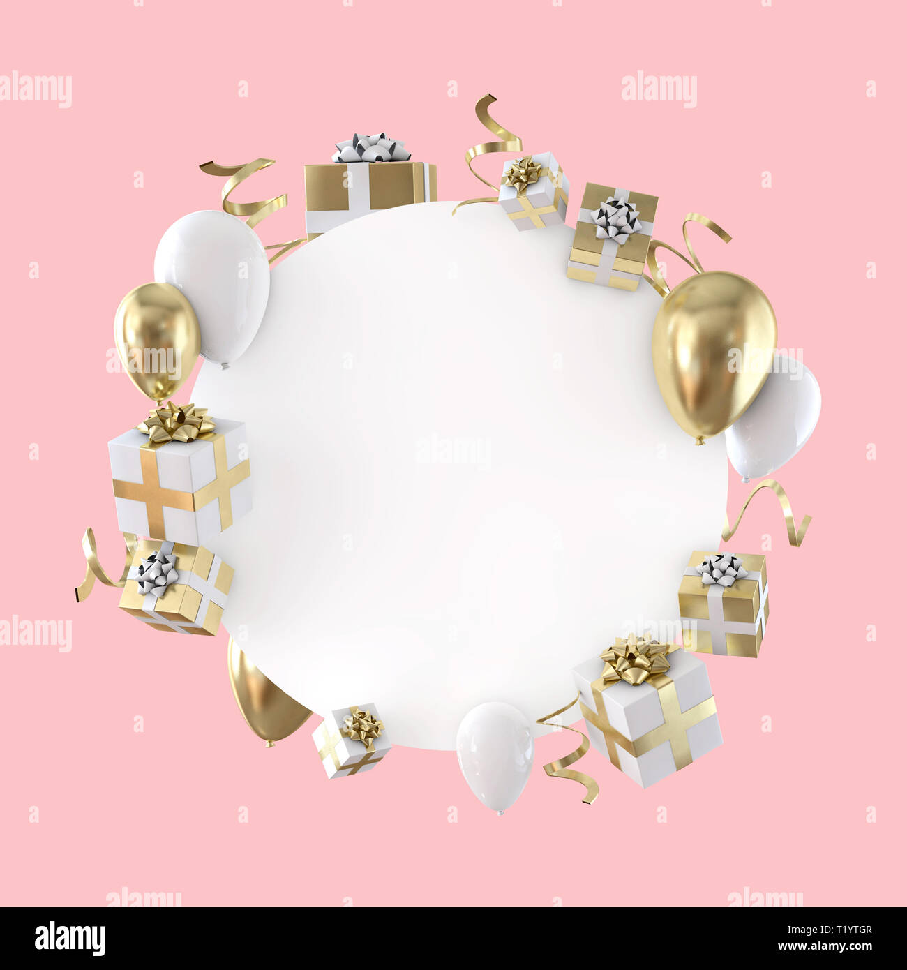 Party Feier Zusammensetzung mit Ballons und Geschenkboxen. 3D-Rendering Stockfoto
