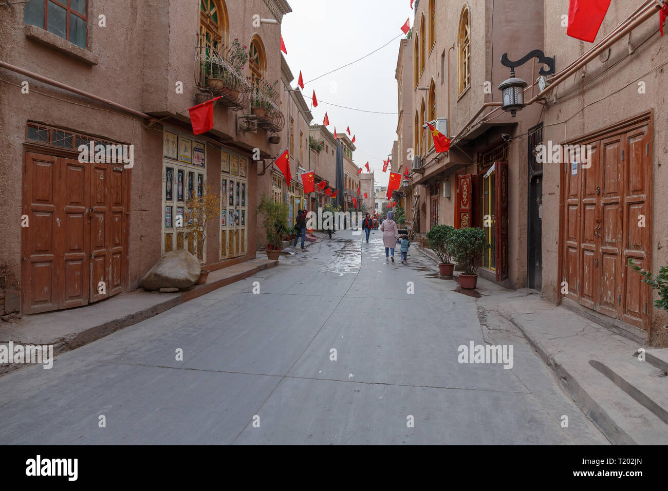 Straße in Kashgar Altstadt während des Chinesischen Nationalfeiertag (Provinz Xinjiang, China) Stockfoto